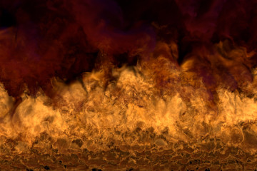 Flame from the bottom corners - fire 3D illustration of cosmic glowing hell, sylized frame with dense smoke isolated on black