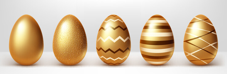 Golden eggs realistic vector set illustration. Shining Easter eggs from gold metal decorated with elegant pattern, festive gift with shadow isolated on white background