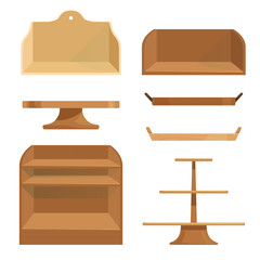 Wooden shelves, drawers and stands for storing items or displaying goods. Cake delivery. © Oqvector