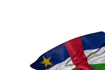 pretty Central African Republic flag with large folds lying in bottom right corner isolated on white - any celebration flag 3d illustration..