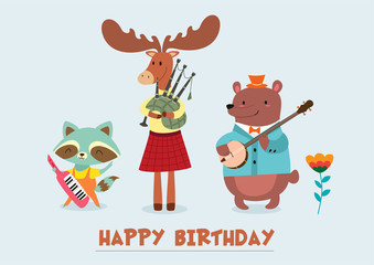 Stylish card or poster with a cute moose, raccoon and bear. Funny vector illustration with text.