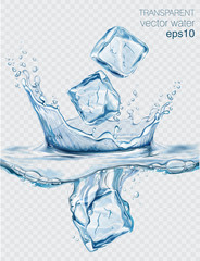 Transparent vector water splash and ice cubes on light background