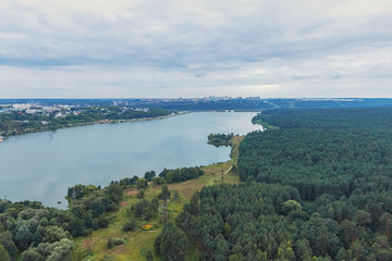 Top view of the reservoir and the city landscape