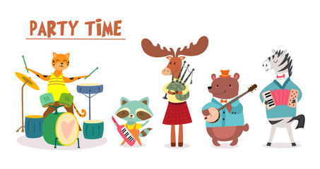 Stylish card or poster with cute animal band in cartoon style.Vector illustration with animal musicians in music festival.