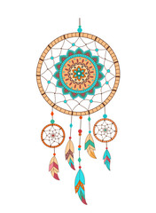 Dreamcatcher with precious stones and feathers. Ethnic vector illustration.