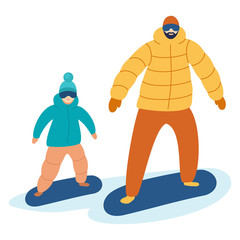 Father and son snowboarding. Cartoon characters isolated on white background. Vector illustration.