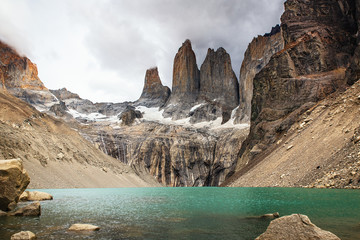 torres peaks and laguna torre in torres del paine national park in chile - obrazy, fototapety, plakaty