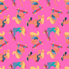 Fototapeta na wymiar Girls skateboarders pattern. Flat vector seamless pattern. Cool girls ride on skateboard, pink background. For textile, promo of goods for skateboarding sport. 