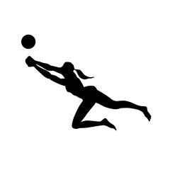 Fototapeta na wymiar Beach volleyball. Female silhouette isolated on white background. Girl in bikini returns a ball in jump. Vector illustration.