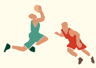 Two basketball players with a ball. Sport illustration. Applique or paper cut style. Colorful vector illustration.