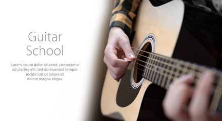 Guitar player with acoustic guitar. Template design with sample text