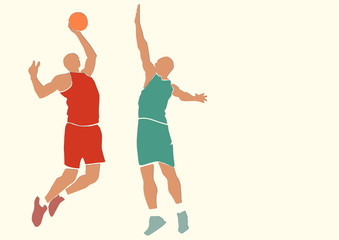 Fototapeta na wymiar Two basketball players with a ball. Sport illustration. Applique or paper cut style. Colorful vector illustration.