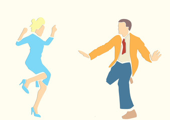 Fototapeta na wymiar Dancing couple. Retro style. Funny colorful vector illustration. Applique or paper cut style.