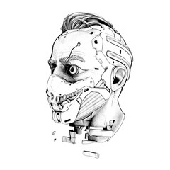 Surreal digital illustration of a cyborg head in a futuristic scary mask with teeth. Artificial face with damaged neck. Sci-fi creative soldier concept artwork. Cyberpunk robot man on white background