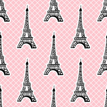 Eiffel tower seamless pattern in white pink grid background. Vector Girlish surface design.
