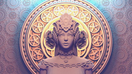 Fototapeta na wymiar 3d illustration of a beautiful girl in a fantasy crown standing against a ornament in oriental style. Monochrome rendering of a stylized portrait of medieval empress with decorative helmet with roses.