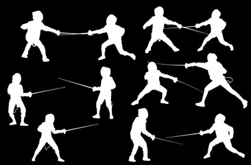 group of young fencers silhouettes isolated on black