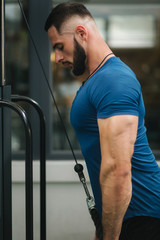 Male bodybuilder trains in the gym. Bearded man