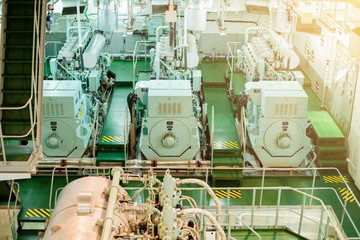 Engine and machine in marine ship. Engine room for drive marine ship. It is diesel engine. Vessel's Main Engine.
