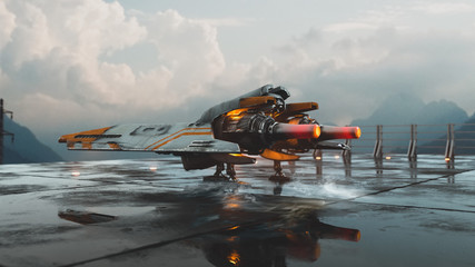 3d illustration of old scratched metal spaceship standing on the landing pad against the sky. Sci-fi vehicle standing on wet concrete floor. Single pilot spaceship. Concept assault fighter, gunship. © roman3d