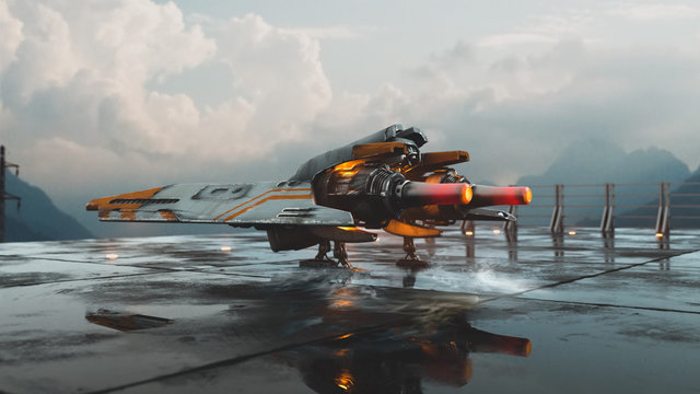 3d illustration of old scratched metal spaceship standing on the landing pad against the sky. Sci-fi vehicle standing on wet concrete floor. Single pilot spaceship. Concept assault fighter, gunship.