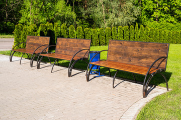 wooden bench with iron legs in a park on a sunny day in summer