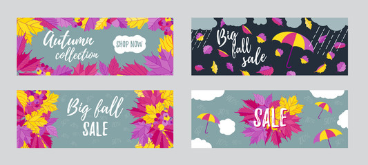Fall sale horizontal banners with leaves and text
