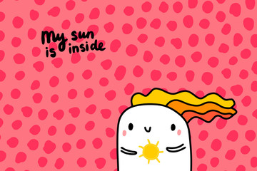 My sun is inside hand drawn vector illustration in cartoon style happy women holding star