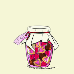 Valentines day hand drawing. Glass jar with a symbol of Valentine's Day hearts. Sweets hearts, candies, cookies, chocolate.