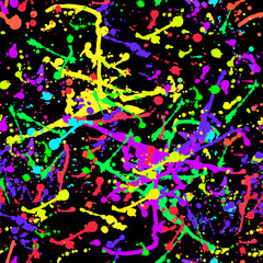 Bright abstract colorful splatter seamless pattern, isolated black background. Vector grunge texture.