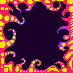 Abstract fantasy frame with alien monster tentacles, gradient pink violet color, with yellow suction cups. Vector hand drawn card, with place for text. Funny cartoon frame for holiday.