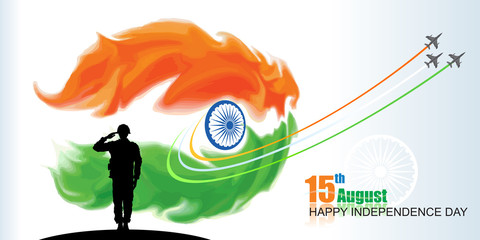 Silhouette of a soldier saluting for his country and jets flying across the skies, ejecting a trail of tri colored smoke.