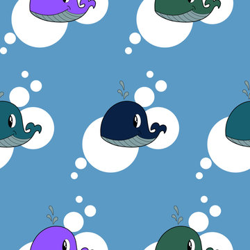 Whale Illustrations With White Bubbles, seamless illustration