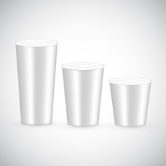 Plastic or paper cup set isolated on white. Realistic beverage container in small, medium and big sizes. Cafe to go or takeout symbol. Copy space for branding. Hot coffee or tea template, fast food.