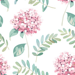 Floral seamless pattern. Vintage print with hortensia flowers and eucalyptus branches. Vector illustration. Watercolor style