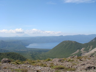 An cone of an active volcano Tarumaezan with lava field in Hokkaido island in the north of Japan