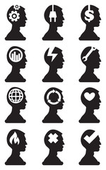 Man Bust Silhouette with Conceptual Symbols in Brain Vector Icon Set