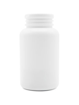 White plastic medicine bottle isolated on white with clipping path, medical and drug concept, front view photo