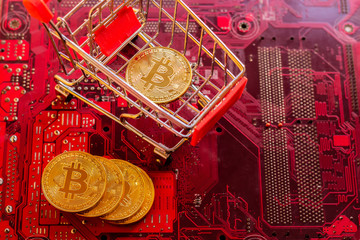 Bitcoin with circuit board microchips, virtual cryptocurrency,Mining golden, blockchain...