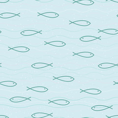 Primitive fishes swimming in the sea. Seamless pattern. Simple shapes, lines, dots