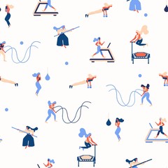 Vector concept seamless pattern with young women doing sport exercises, drawn with bright blue and orange colors is contemporary flat style