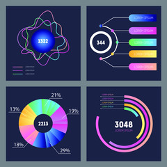 Dark ui kit for web design, mobile apps with the different pie charts and comparison diagrams.