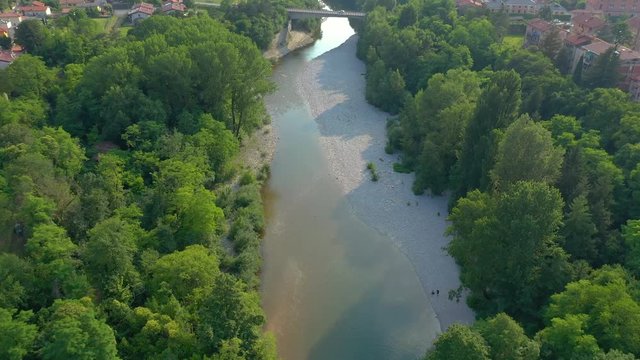 UDINE PROVINCE, ITALY - JUNE, 2019: Aerial panorama drone view of small town Cividale del Friuli beautiful architecture