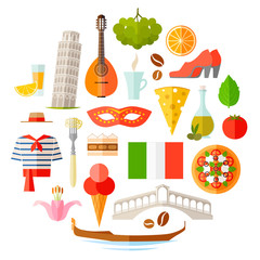 Symbols of Italy in flat style. A set of famous Italian attributes and souvenirs in flat style. Vector icons on the theme of travel to Europe. © Ansty art