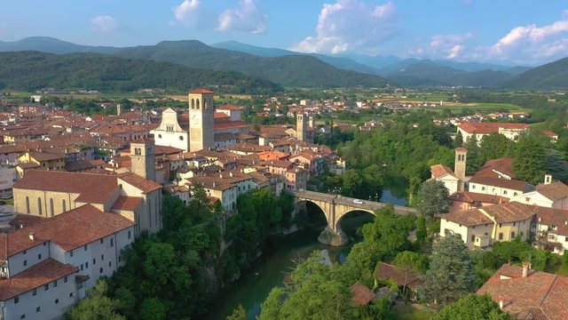 UDINE PROVINCE, ITALY - JUNE, 2019: Aerial panorama drone view of small town Cividale del Friuli beautiful architecture