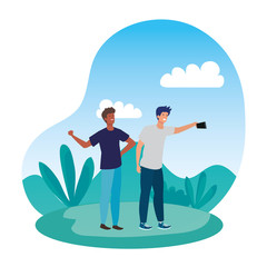 interracial young men friends taking a selfie in the park