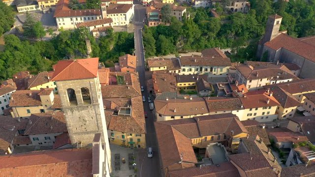 UDINE PROVINCE, ITALY - JUNE, 2019: Aerial panorama drone view of small town Cividale del Friuli beautiful architecture