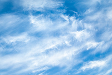 Cloudscape. Blue sky background with white clouds. The texture of the sky with translucent light feathery clouds. Diagonal direction.
