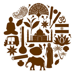 Silhouettes symbols of the India. A set of stencils isolated on a white background. Vector illustration on the theme of travel to asia.