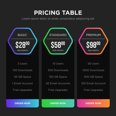 Vector dark pricing boxes, plans, tariffs, tables for web design